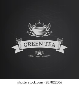 Green tea vector logo design template. Engraving sign for tea shop or cafe.