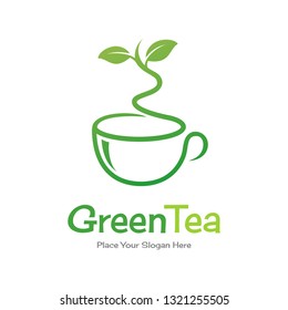 Green tea vector logo template. Design with leaf and cup symbol.