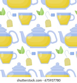 Green tea vector seamless pattern, Flat design of food, relaxation, superfood and healthcare wallpaper on white background, cute vector illustration