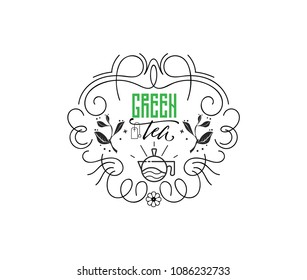 Green tea. Vintage Stylized Lettering badge. Vector Illustration
