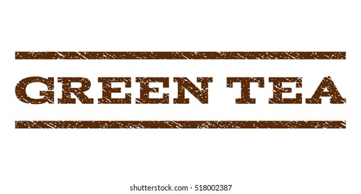 Green Tea watermark stamp. Text caption between horizontal parallel lines with grunge design style. Rubber seal stamp with dust texture. Vector brown color ink imprint on a white background.