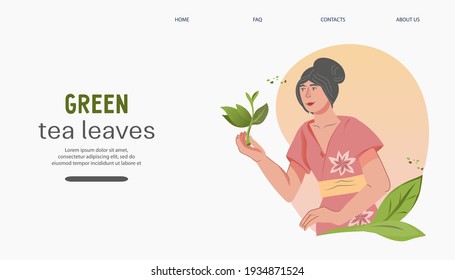 Grüne Teewebbanner-Vorlage mit Frau, die grüne Blätter hält, flache Vektorgrafik.  Website-Banner-Interface-Design für Tea-Shop.