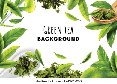 Green tea white background with herbal frame  of fresh leaves and piles of dry tea realistic vector illustration