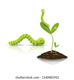 Green tea worm and small tree with soil isolated on white background, vector illustration