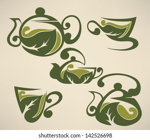green tea,cups and pots vector collection of forms, symbols and images