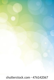 Green, teal, blue and yellow vector blurred bokeh background with clear open white light area. Shows luminosity and layered effects with transparent circles