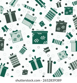 O presente verde e azul-petróleo espalha o padrão sem costura. Perfeito para arte e artesanato, papel digital, impressão de tecido, impressão têxtil, embalagem, scrapbooking, papel presente, fundo e muito mais.
