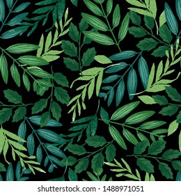 Green and teal tropical leaf pattern. Seamless graphic design tile with amazing foliage. Fashion, interior, wrapping, packaging fabric, textile. Realistic variety of leaves.