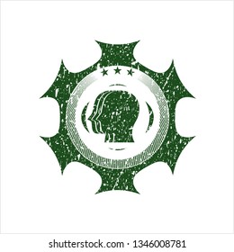 Green team work icon inside distress with rubber seal texture