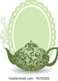 green teapot with a beautiful ornament and clouds of steam