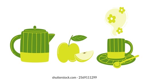 A green teapot and cup set with flower and apple hot tea