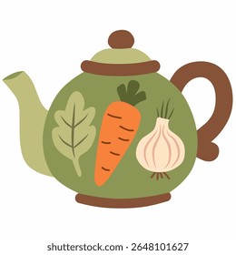 O bule verde decorado com cenoura, alho e folha para uma estética fresca do jardim da fazenda à mesa. Estilo de ilustração plano desenhado à mão.