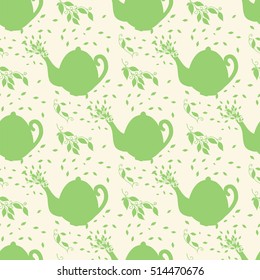 Green teapot and floral branches seamless pattern. Hand drawn teapot silhouette background. Teapot and branches silhouette seamless texture.
