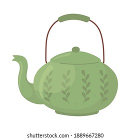 green teapot kitchen utensil, cartoon hygge style vector illustration