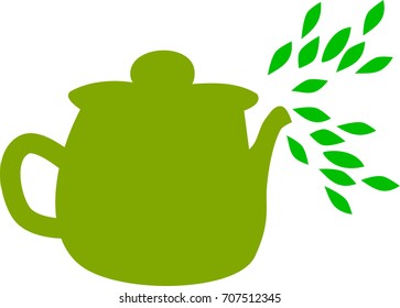 Green teapot with leaves of green tea