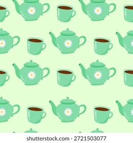 Bule de chá verde e caneca padrão sem costura. Pode ser usado para papel de parede, papel de embrulho e tecido de moda