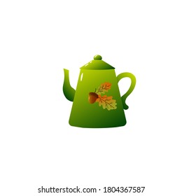 Tetera verde con un patrón de bellotas. Aparatos domésticos. Ilustración vectorial aislada en fondo blanco. Para iconos o logotipos. 