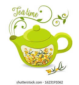 Green teapot with sea buckthorn berries. Lettering tea time. Healthy herbal drink