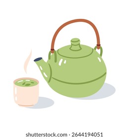 Bule verde com uma xícara de chá fumegante sobre um fundo branco. Ilustração de vetor desenhada à mão.