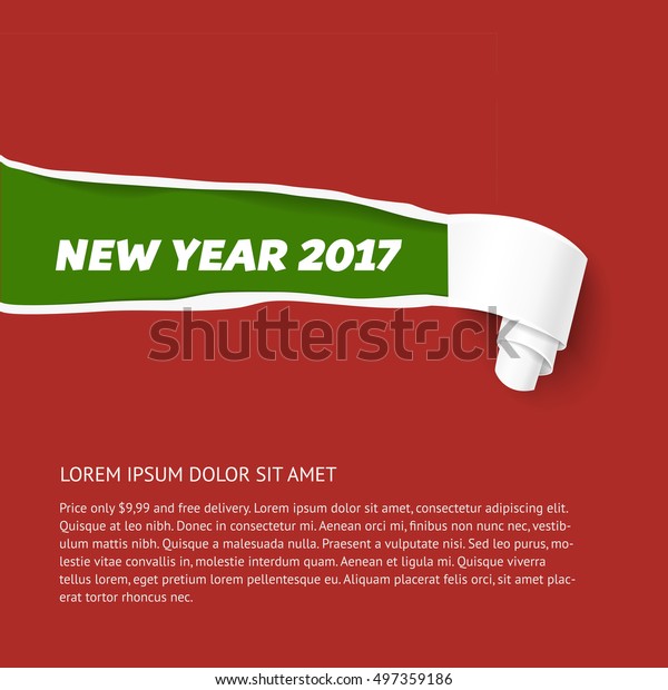 Green teared paper edge isolated on red
background. Vector torn paper template for New Year 2017 promo and
advertising. Hole in red paper with torn
sides.
