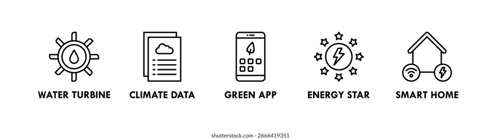 Green Tech banner web icon illustration concept with icon of water turbine, climate data, green app, energy star, and smart home