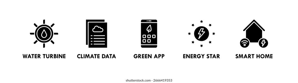 Concepto de ilustración de ícono de Web de Anuncio de tecnología verde con ícono de turbina de agua, datos climáticos, App verde, estrella de energía y hogar inteligente