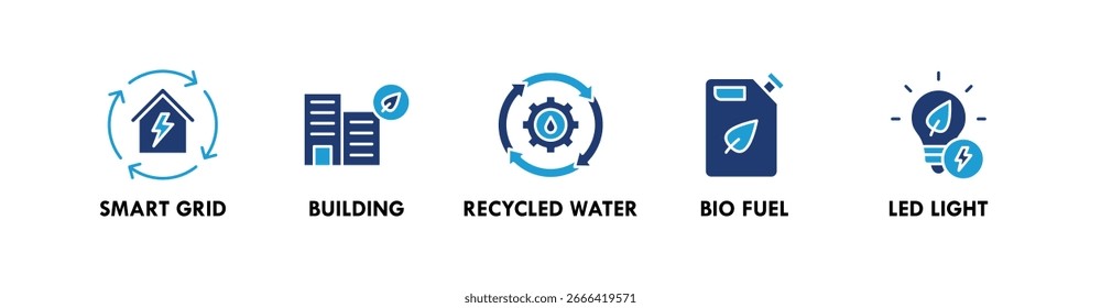 Green Tech banner ícone da web ilustração conceito com ícone de rede inteligente, construção, água reciclada bio combustível, e luz conduzida