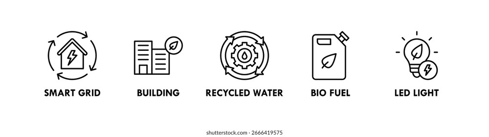 Green Tech banner web icon illustration concept with icon of smart grid, building, recycled water bio fuel, and led light