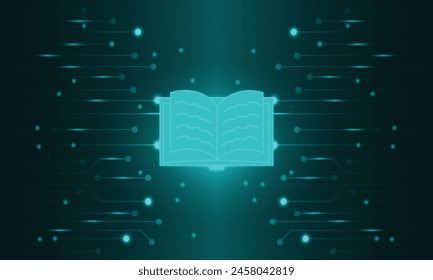 Green Tech Circuit Abstract Background with Book Icon.