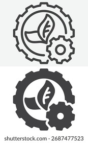 Engrenagem de tecnologia verde e folha de ícone de estilo diferente. Contorno de linha e ícone sólido, símbolo e sinal de vetor de traçado editável. Versões de contorno e glifo para projetos de resíduos eco zero.