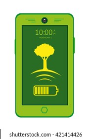 Green Tech concept. Green Mobile Touchscreen Phone with a Tree with Wifi Signal Icon and battery. Editable Clip Art.