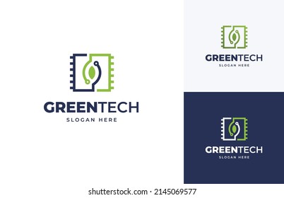 Green tech data leaf circuit vector logo design, Modern digital innovation chip board processor logo design