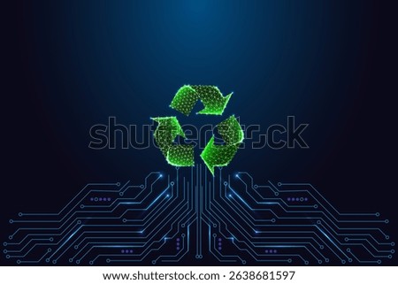 Green tech and digital recycling concept with glowing green polygonal recycle symbol on futuristic electronic circuit board. Low poly abstract vector illustration for sustainability.
