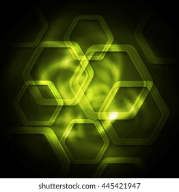 Tecnología verde brillando el fondo abstracto con hexágonos geométricos. Diseño de vectores
