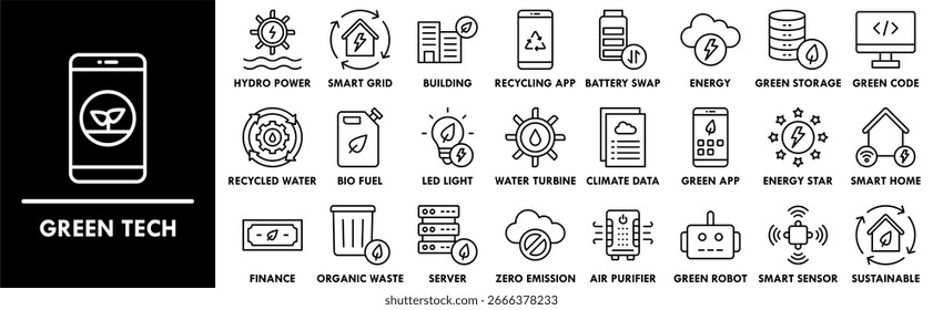 Conjunto de colección de iconos de tecnología verde. Contiene tecnología de diseño, verde, tecnología, digital, naturaleza, futuro