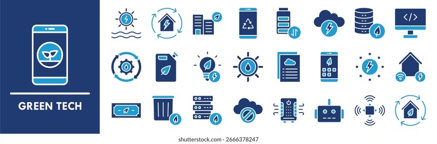Conjunto de colección de iconos de tecnología verde. Contiene tecnología de diseño, verde, tecnología, digital, naturaleza, futuro