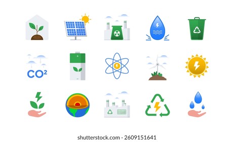 Green Tech Icon Set Vector Illustration. Sustainable Energy, Eco Technology, Renewable Power Symbols Pack.