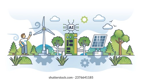 Green tech innovations and AI technology for eco power usage outline concept. Artificial intelligence and modern engineering for effective alternative future energy development vector illustration.