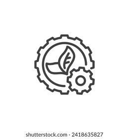 Icono de línea verde de tecnología. Signo de estilo lineal de engranaje y hoja para concepto móvil y diseño web. Icono de vector de contorno de tecnología ambiental. Símbolo, ilustración del logotipo. Gráficos vectoriales