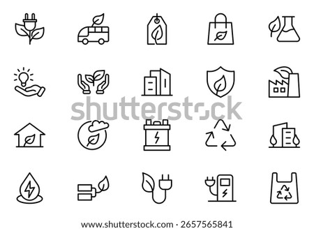 Green Tech line icons for sustainability, solar, wind, clean power, green tech, net-zero, and eco solutions