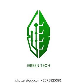 Green tech logo in green color sharp icon style. Half side with natural leaf and other half side with pcb circuit simbol. Editable graphic resources for many purposes.