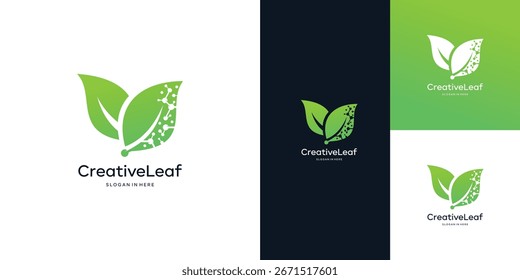 Green tech logo design inspiration,  leaf with digital data technology design graphic vector illustration. leaf symbol, icon, creative