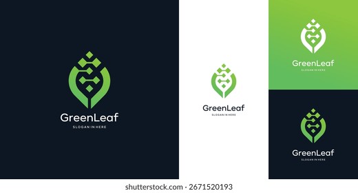 Green tech logo design inspiration,  leaf with digital data technology design graphic vector illustration. leaf symbol, icon, creative