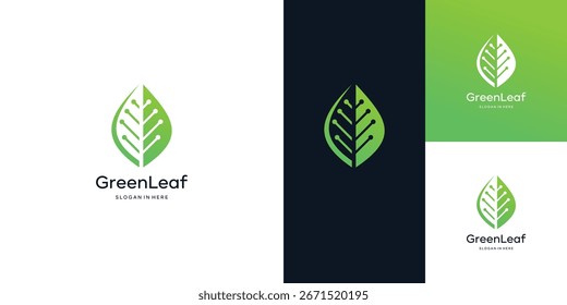 Inspiración del diseño del logotipo de la tecnología verde, hoja con la Ilustración vectorial gráfica del diseño de la tecnología de datos digitales