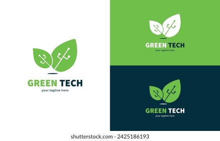 Green tech logo design with leaf and tech icons,green technology logo design.