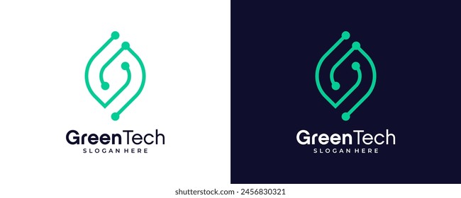 Diseño de logotipo de tecnología verde. hoja con diseño de tecnología de datos digitales Ilustración vectorial gráfica