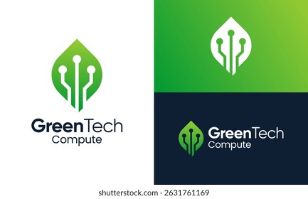 Projeto de logotipo de tecnologia verde. design vetorial conceito folha com digital data tecnologia símbolo ícone gráfico