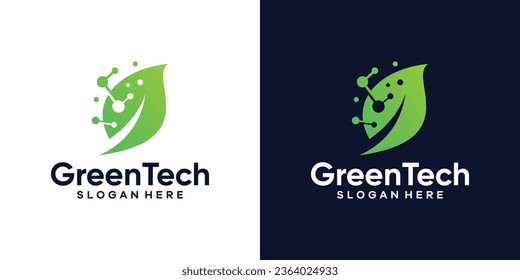 Green tech logo design template. leaf with digital data technology design graphic vector illustration. Symbol, icon, creative.