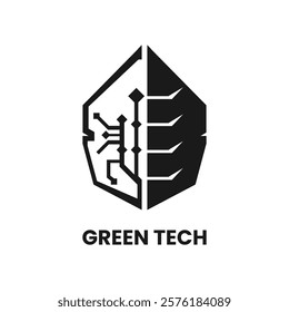 Green tech logo design template in black fill, with leaf symbol on half side and circuit board on another side. Vector illustration graphic resources for many purposes.