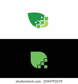 Green tech logo design template. leaf with digital data technology design graphic vector illustration. Symbol, icon, creative.